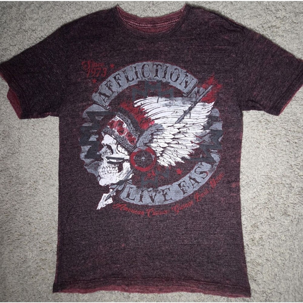 Affliction 1973 Y2K Graphic T-Shirt Burgundy Skull Headdress Double-Sided
